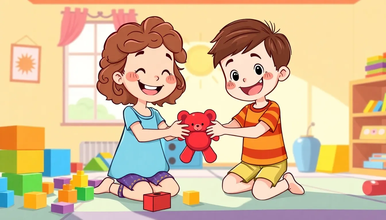 Apprendre à Partager avec Émilie 4 Illustration d'Émilie et Lucas jouant ensemble