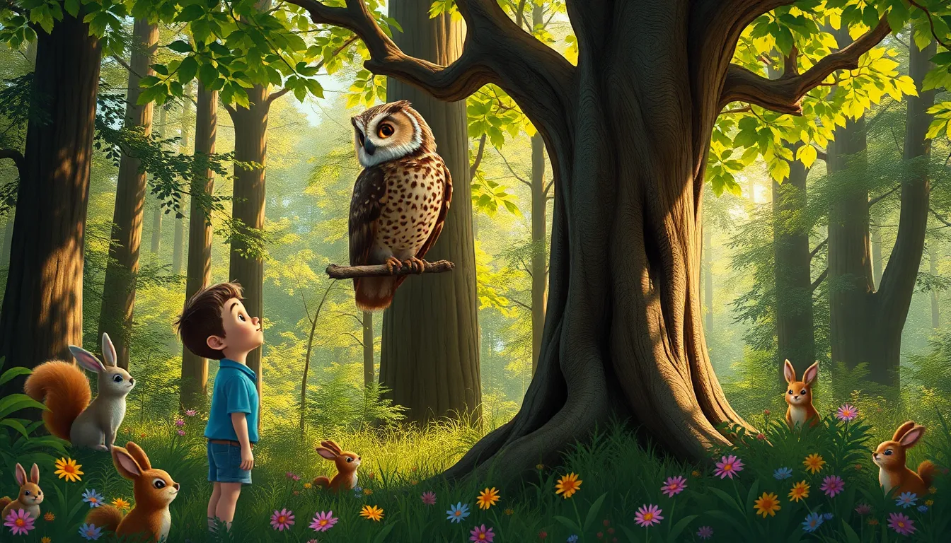 Léo et le Mystère de la Forêt Sombre 5 Illustration de La Rencontre avec le Hibou Sage