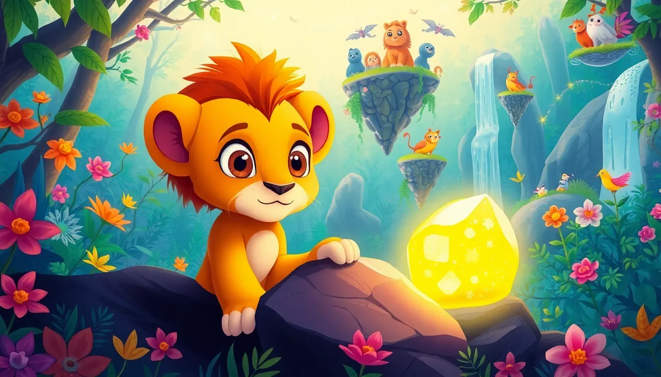 Bella la Baleine et Âge 5 ans; "Léo le Lionceau et ses Premières Aventures 5 Illustration du Cerveau d'Or, la Torche Magique