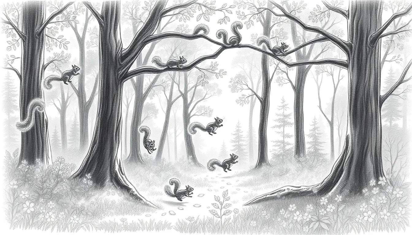 Voyage au Coeur des Animaux : Une Ode à la Nature 2 Illustration des danses des écureuils dans la forêt