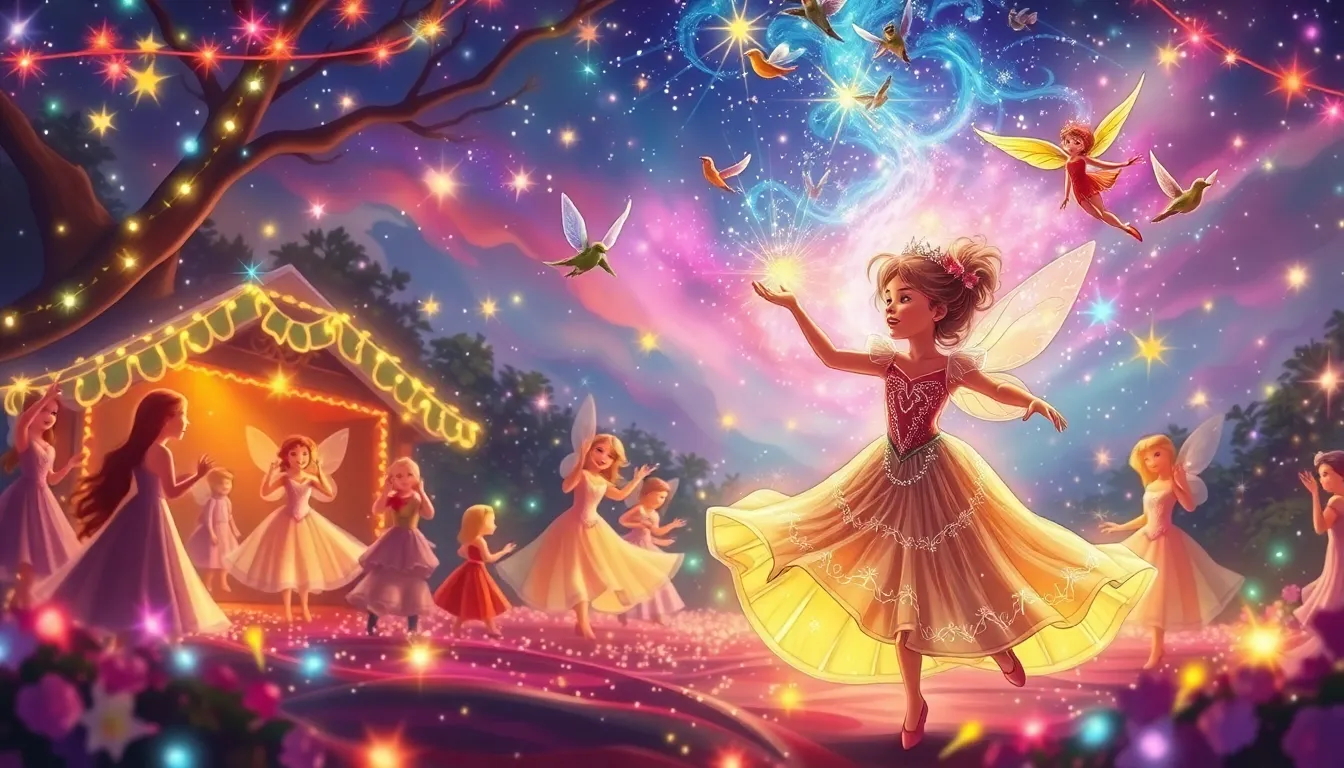 Les Rêves Enchantés de Clara 3 Clara dansant joyeusement avec des fées scintillantes sous un ciel rempli d'étoiles dansantes