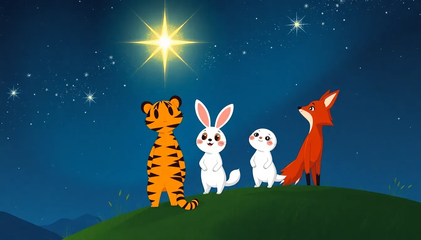 Les Rires de Noël avec Tommy le Tigre 4 Tommy et ses amis découvrent l'étoile des vœux au sommet de la colline.