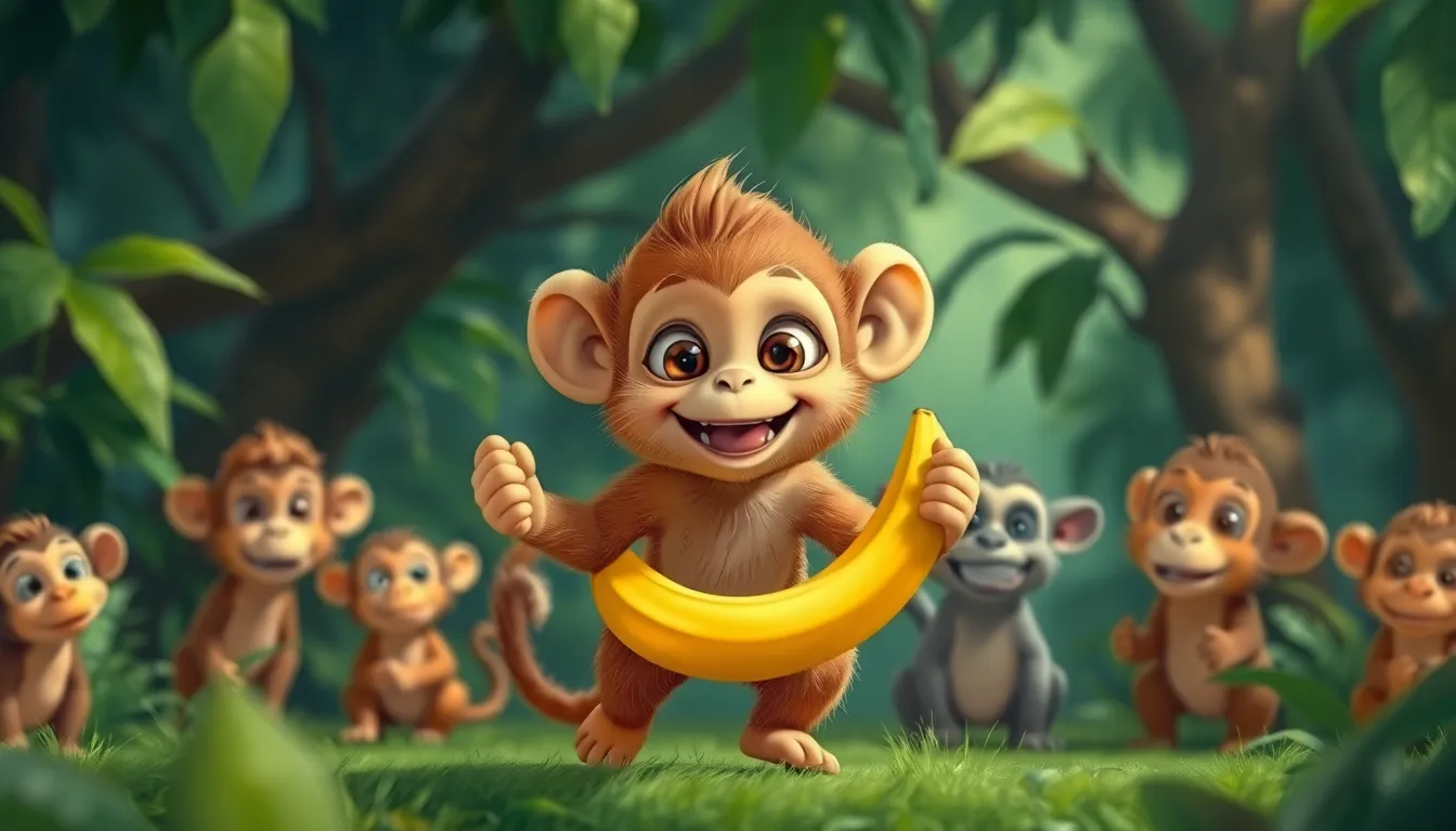 Le Singe et le Bananiers 6 Chipo le petit singe revenant à la maison avec ses amis et des bananes.