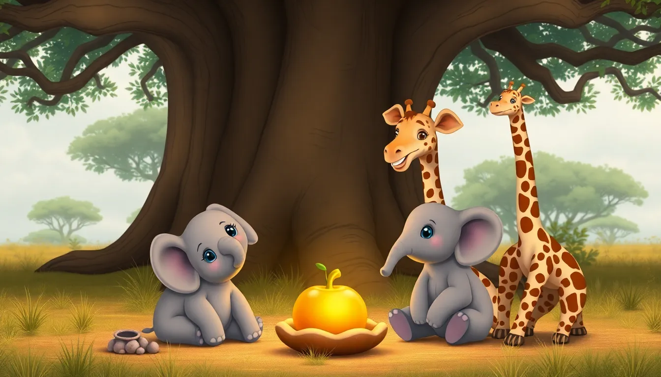 Le Petit Éléphant et la Pomme Dorée 3 Illustration de La Rencontre Mystérieuse