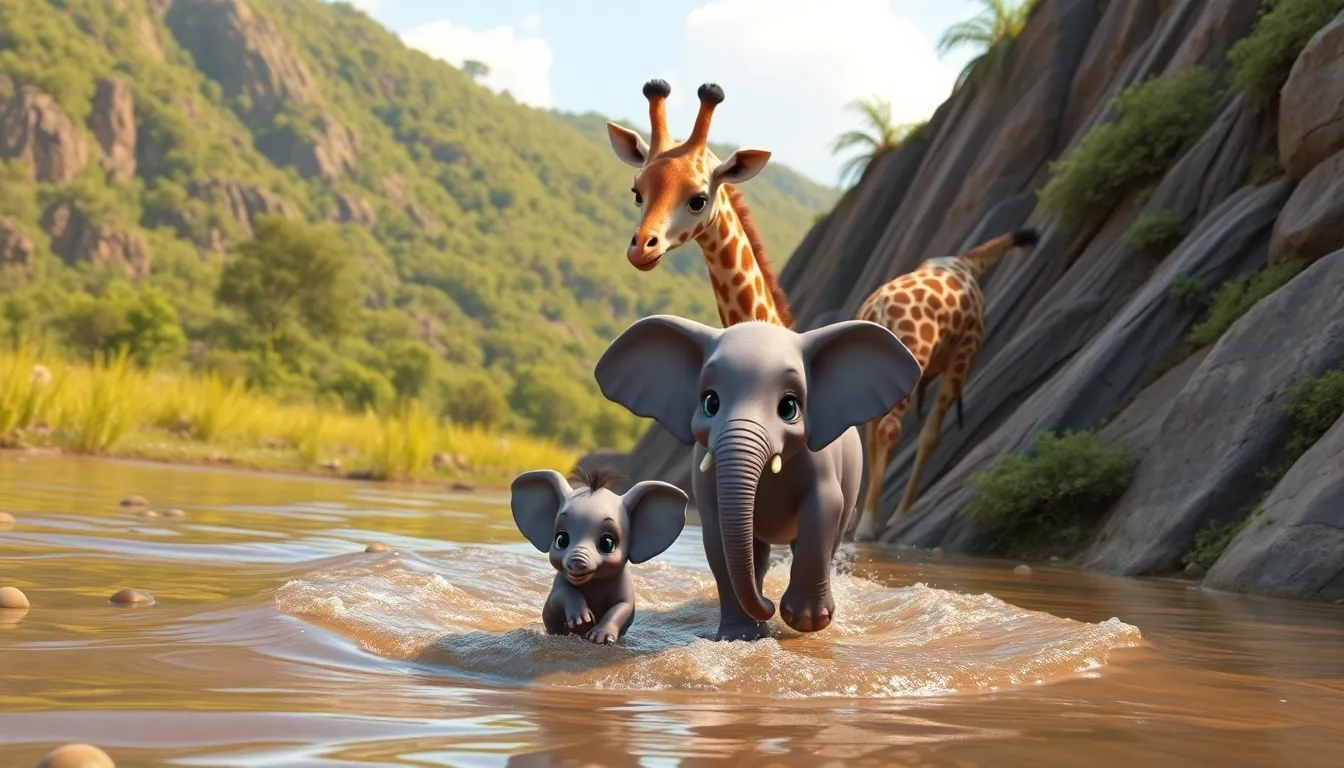 Le Petit Éléphant et la Pomme Dorée 4 Bobo et Lila traversant un marécage glissant et grimpant une colline escarpée.