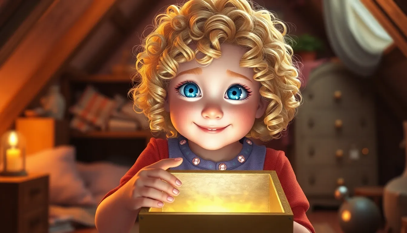 Zoé refermant la boîte magique avec un sourire sur le visage dans son grenier douillet, une lumière dorée s'échappant de la boîte, les souvenirs de ses aventures tournoyant autour d'elle.