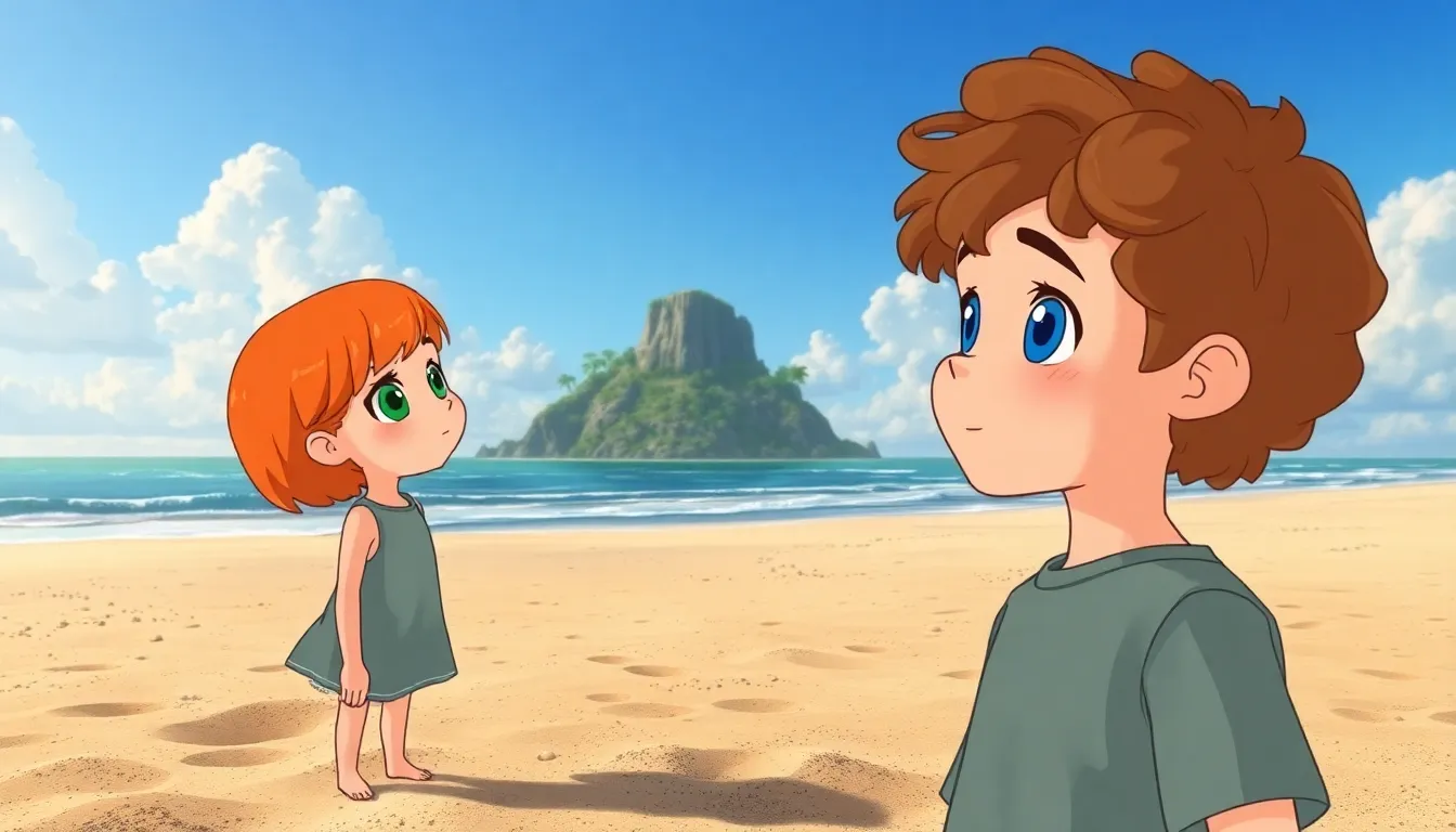 L'Île Mystérieuse de Clara et Alex 1 Clara et Alex regardant une île mystérieuse au loin