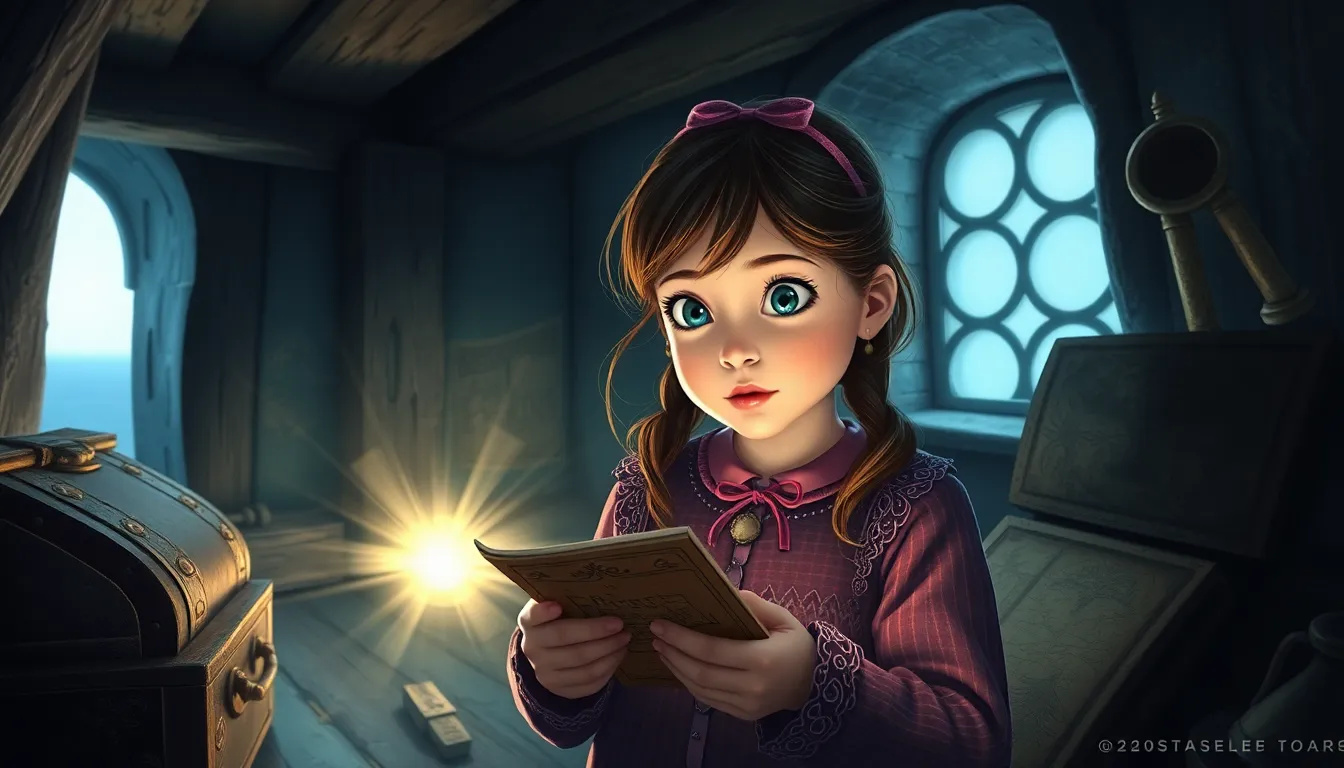 Clara et le Phare des Secrets 2 Clara dans le phare ancien, examinant des trésors poussiéreux et des cartes anciennes, avec une lumière scintillante émanant d'un vieux coffre.