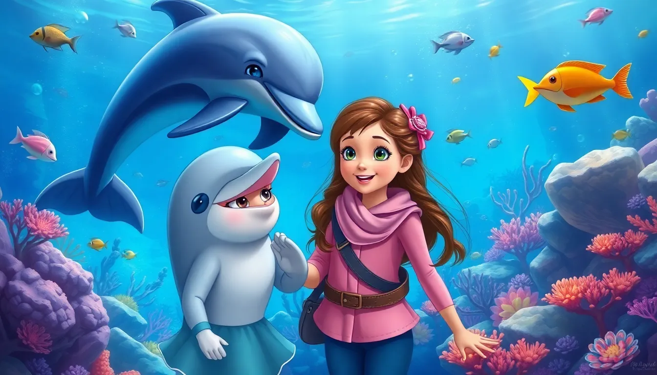 Clara et le Phare des Secrets 3 Clara rencontre Orion, le dauphin, entourés de créatures marines magiques.