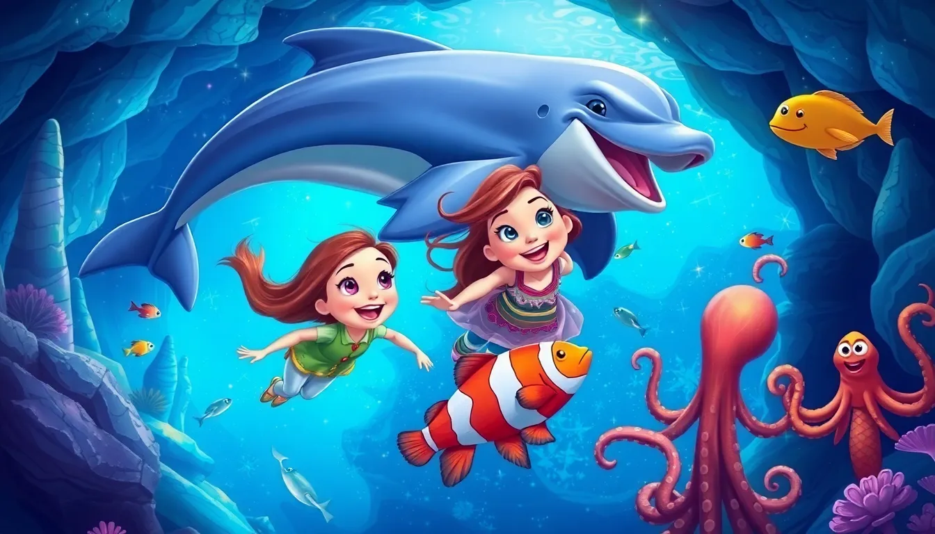 Clara et le Phare des Secrets 4 Clara et Orion nageant dans des cavernes sous-marines scintillantes