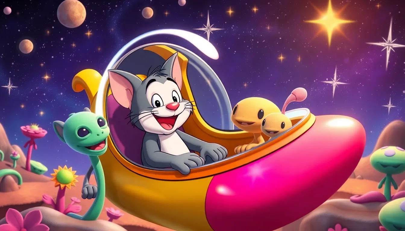 Tom et les Étoiles Filantes 2 Tom dans un vaisseau spatial coloré avec des créatures amicales sur une planète vibrante.