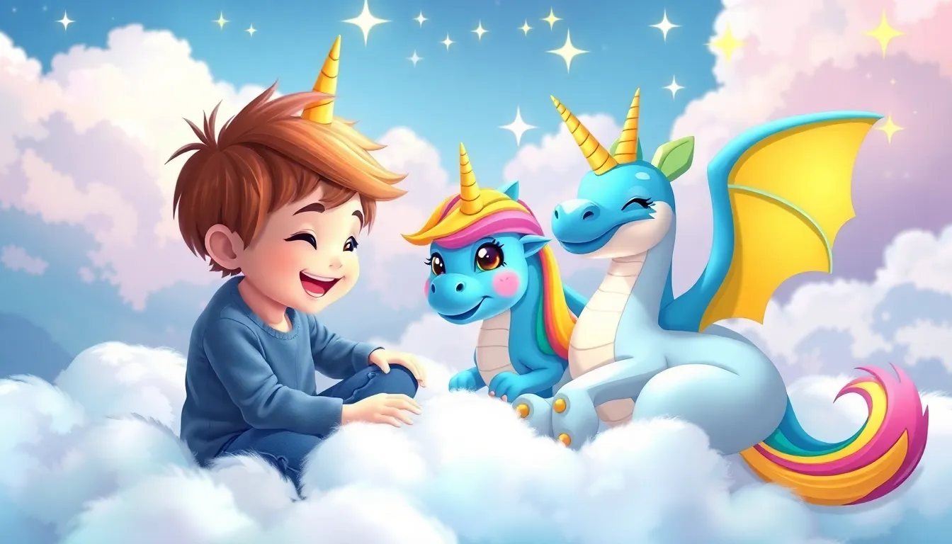 Le Ciel des Rêves de Max 3 Max jouant avec une licorne arc-en-ciel et un dragon bleu dans un paysage nuageux