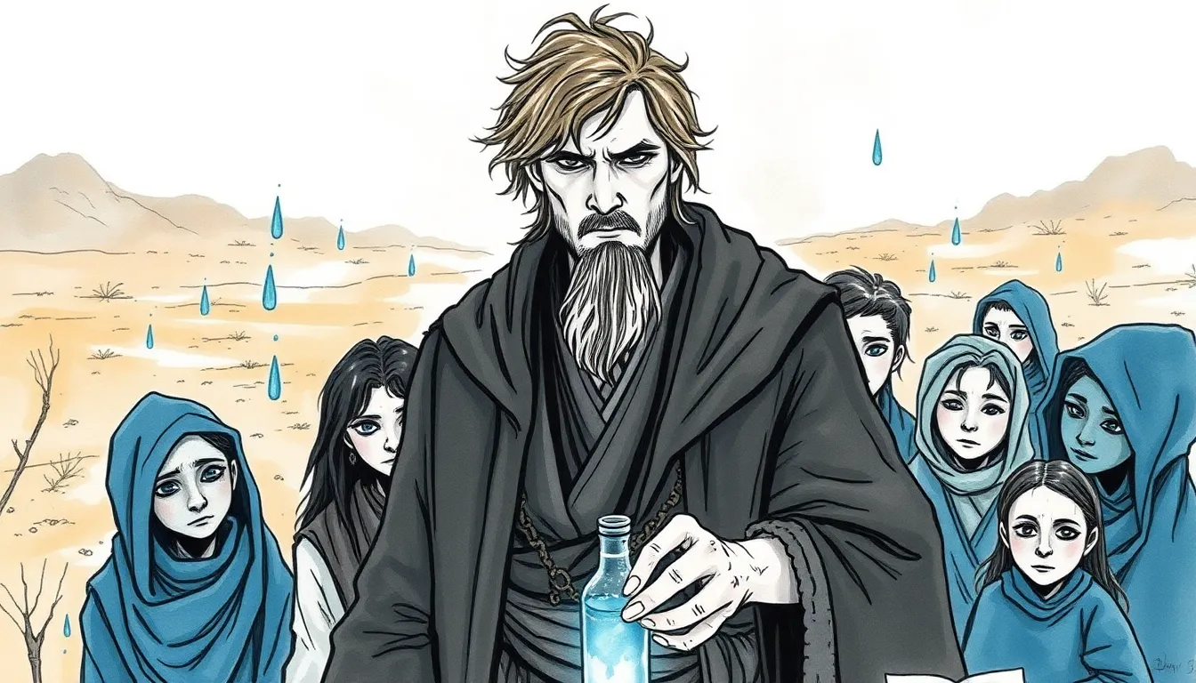 Le Marchand de Pluie : Un voyage fantastique au cœur de l'aridité 1 Illustration de L'Arrivée du Marchand de Pluie