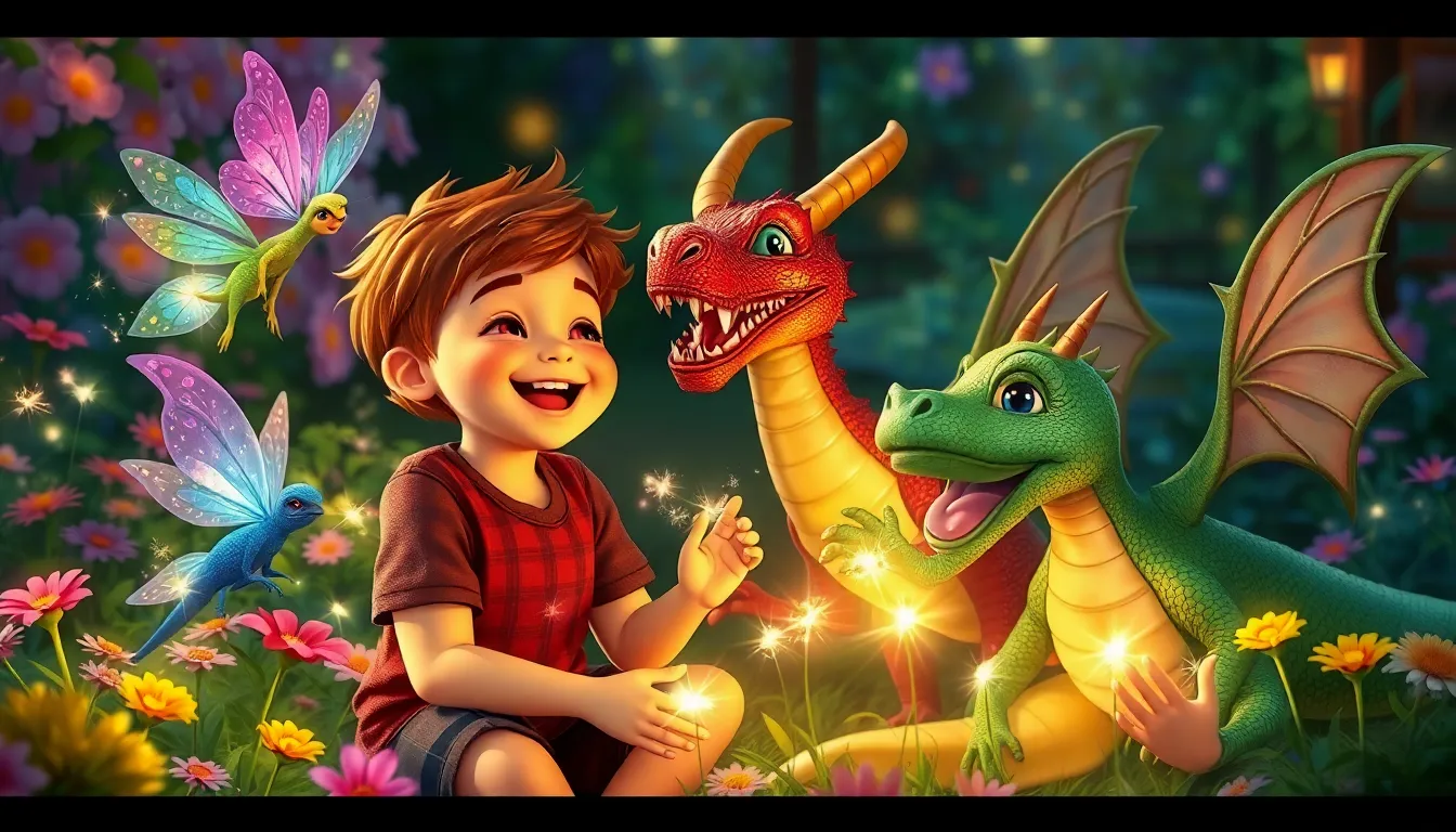 Romain et le Sphinx Solaire 5 Illustration d'une aventure fabuleuse avec Romain, des fées et un dragon amical.