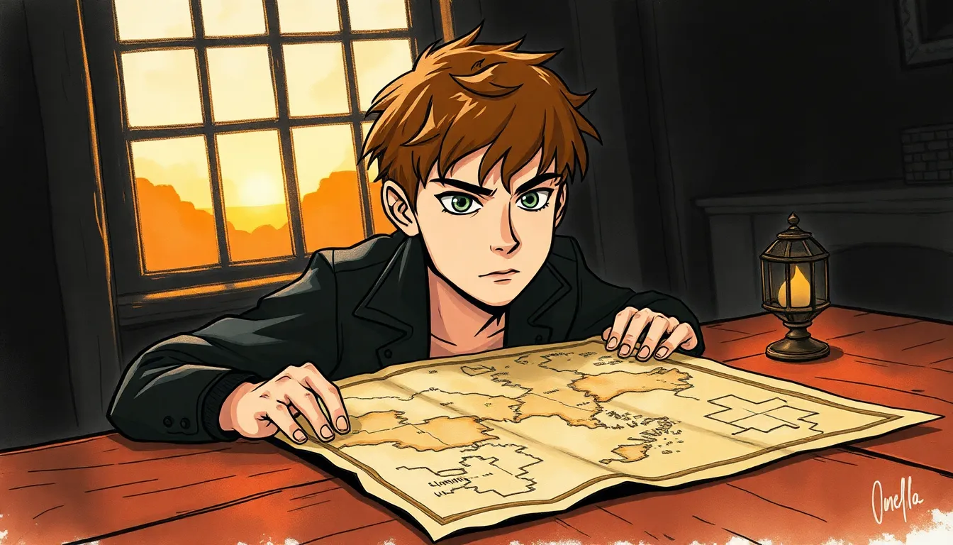 Les Veilleurs de l'Aube : Aventures épiques contre les créatures du matin 1 Illustration de Luc consultat une carte ancienne sous la lueur du matin
