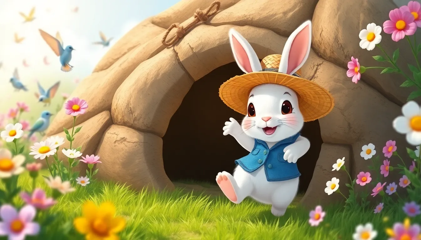 Lucas le petit lapin avec des fleurs au printemps