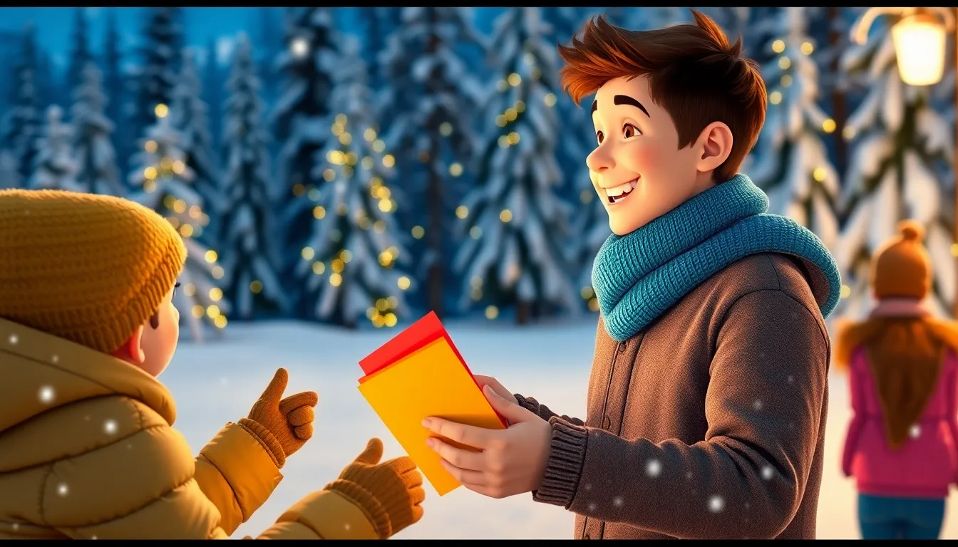 Le Noël de Max le Magicien 3 Max distribuant des invitations colorées à ses amis dans un paysage enneigé.