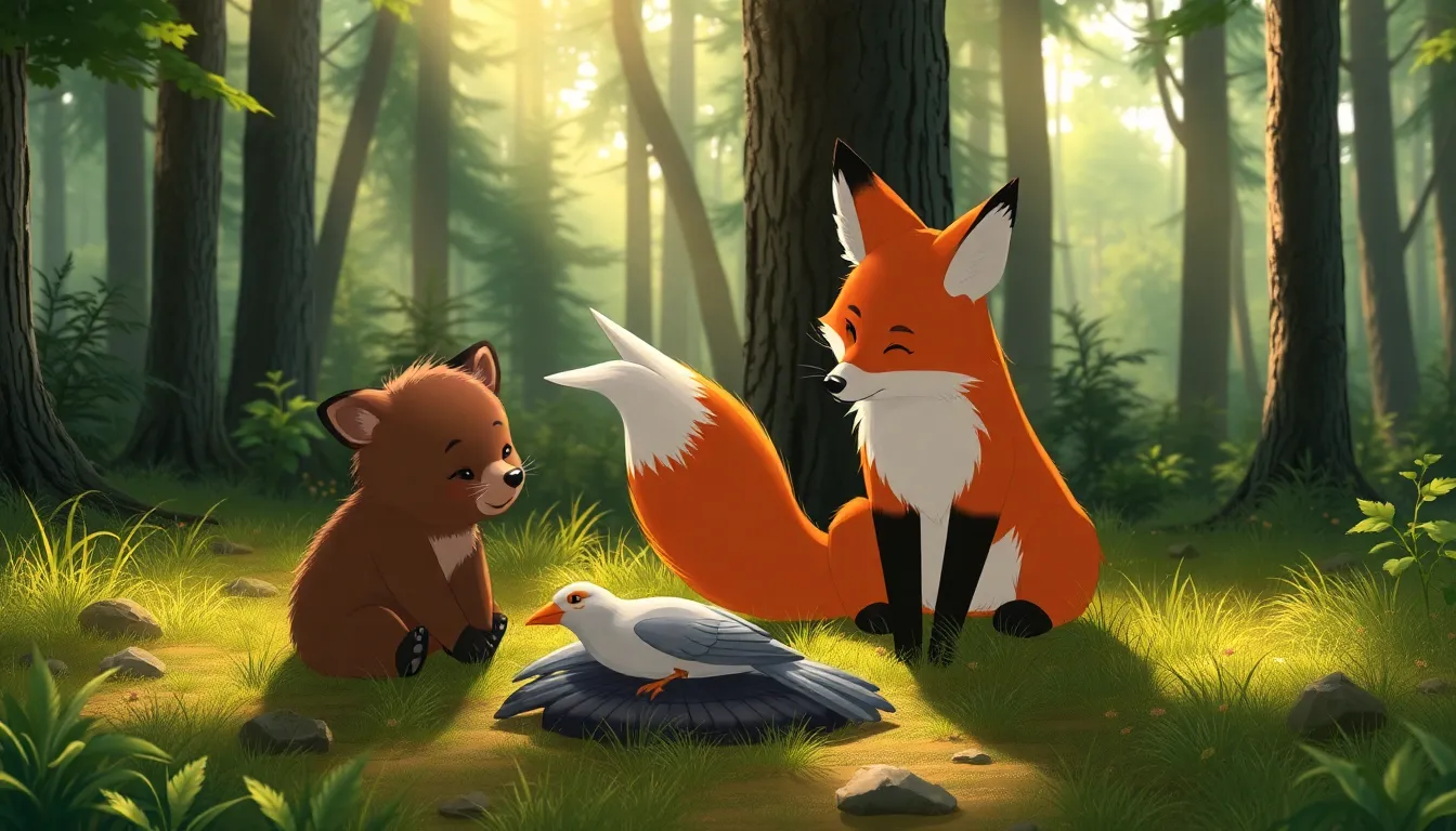 Les Aventures de Mia la Petite Ourse 4 Mia et Sami aidant un oiseau blessé dans la forêt