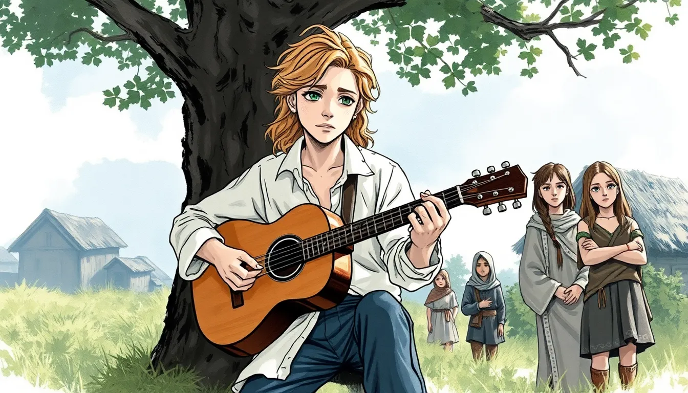 La Ballade des Âmes : Musicien itinérant et guérisseur des cœurs brisés 1 Illustration de La Rencontre avec le Musicien Itinérant