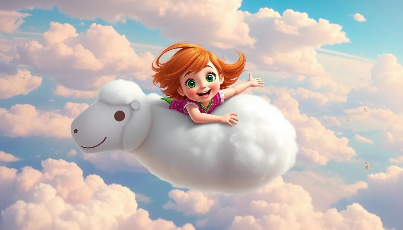 Sophie volant joyeusement sur un nuage en forme de mouton