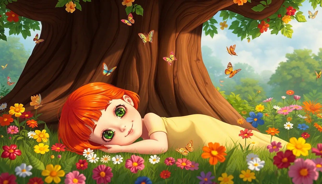 Clara dans son jardin secret, dormant sous un arbre magique.