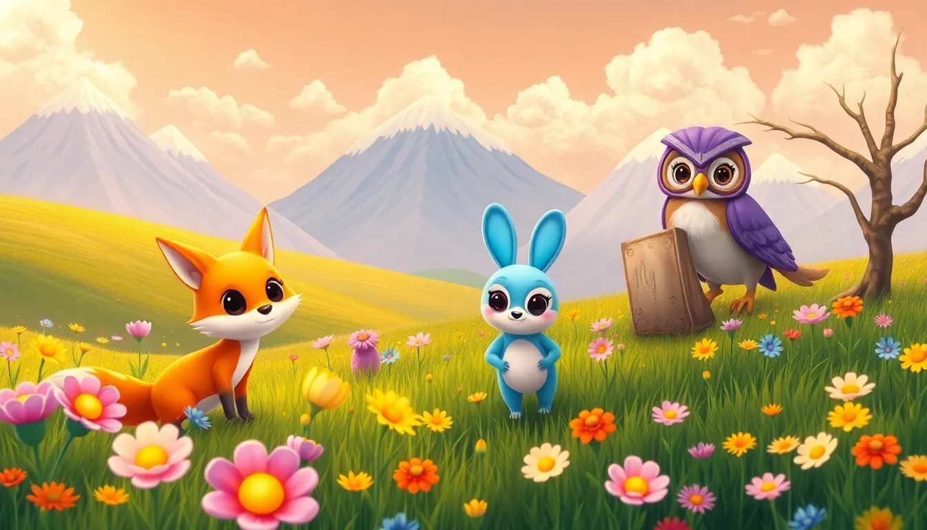 Les Rêves de Roxy la Renarde 4 Roxy et ses amis explorant un champ de fleurs lumineuses et des montagnes de nuages