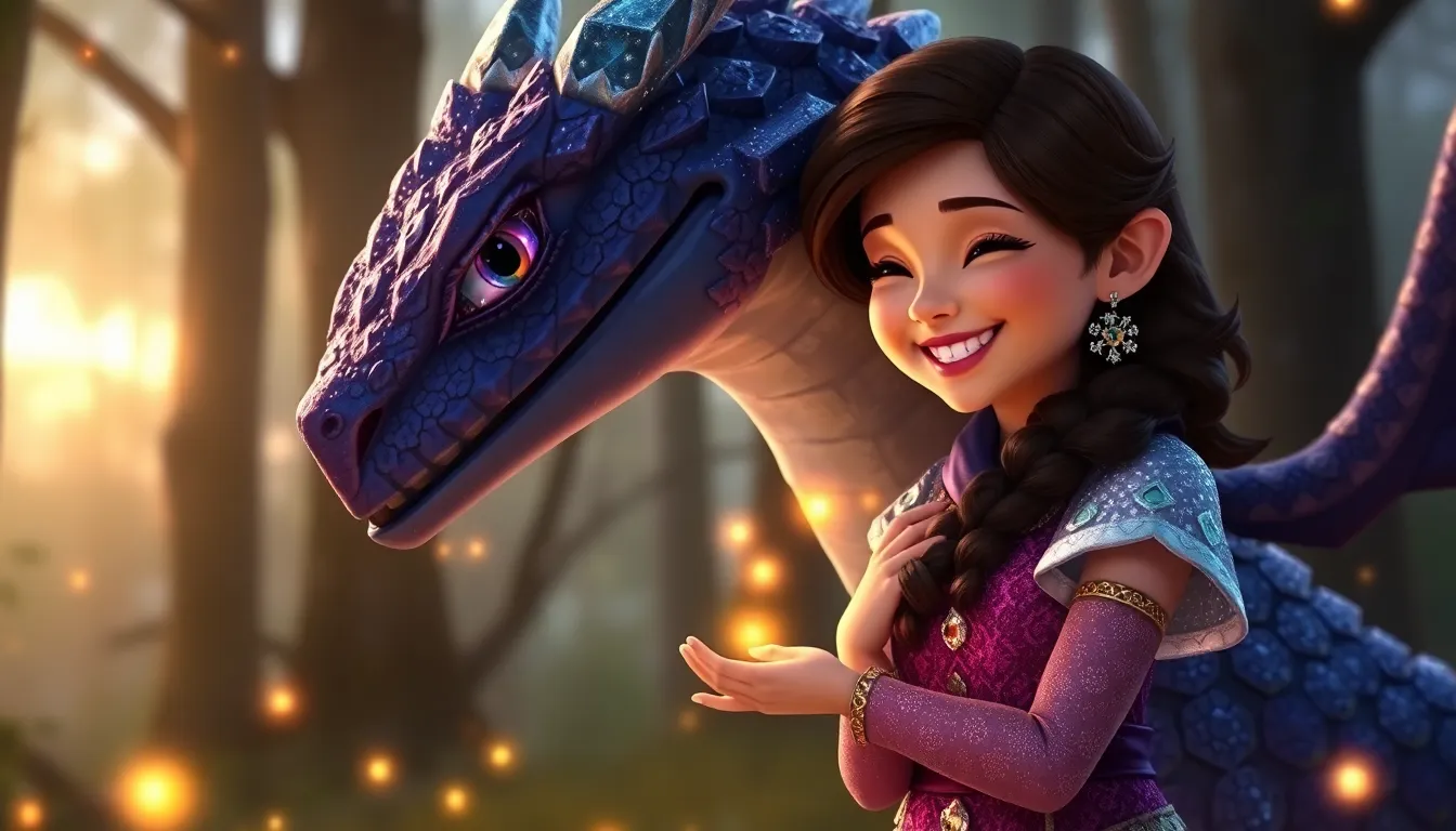 Clara et le Dragon de Cristal 2 Clara et Zark, le dragon de cristal, partageant un moment joyeux dans la forêt.