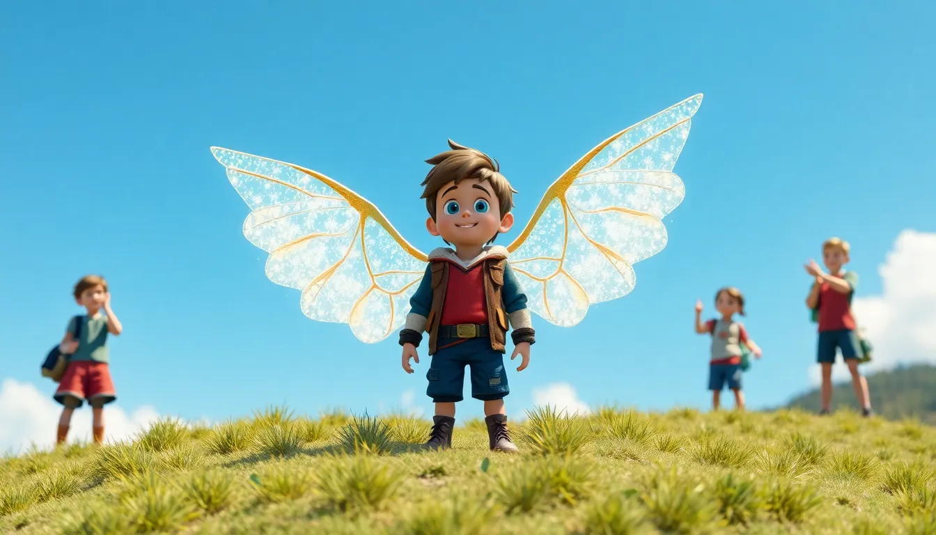 Lucas et les Ailes du Vent 4 Lucas prêt à voler avec ses ailes scintillantes