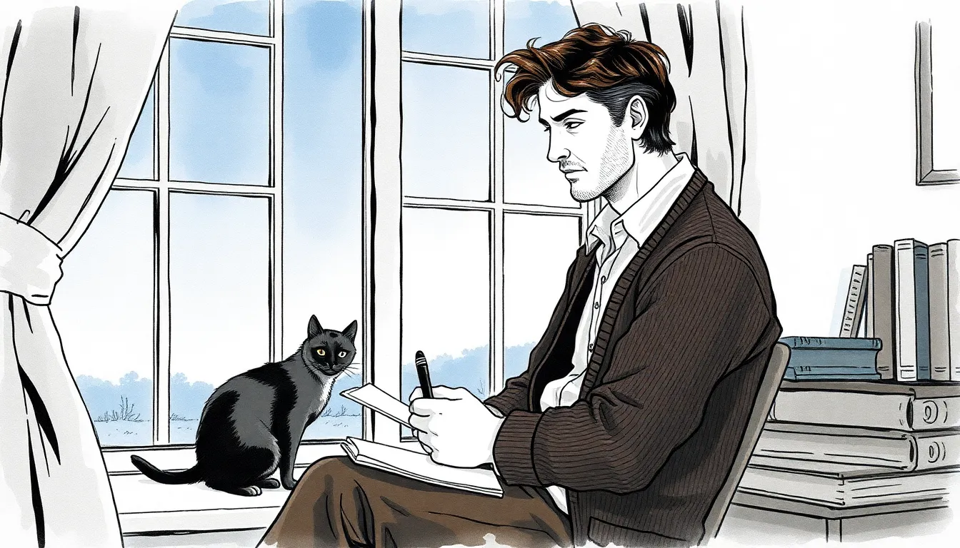 Antoine Morel, écrivain solitaire, assis près d'une fenêtre regardant un verger et un vieux chêne, la lumière froide d'une soirée venteuse.