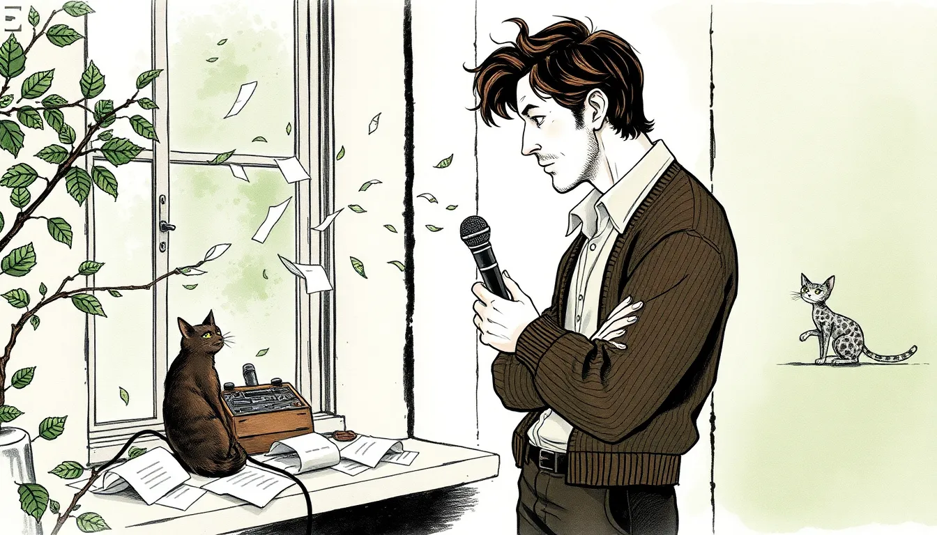 Antoine enregistre les murmures au bord de la fenêtre, feuilles et papiers éparpillés autour de lui