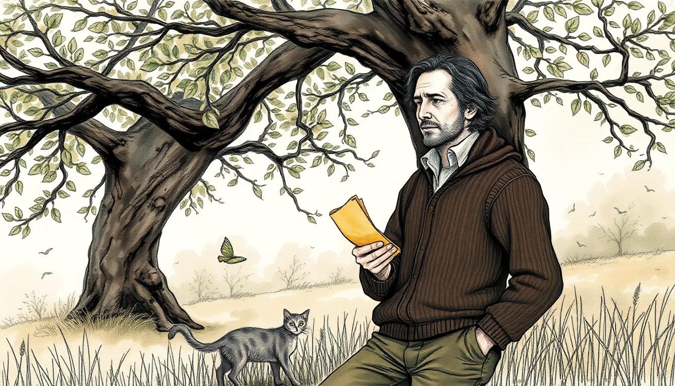 Illustration d'Antoine sous le chêne ancien tenant un parchemin jauni