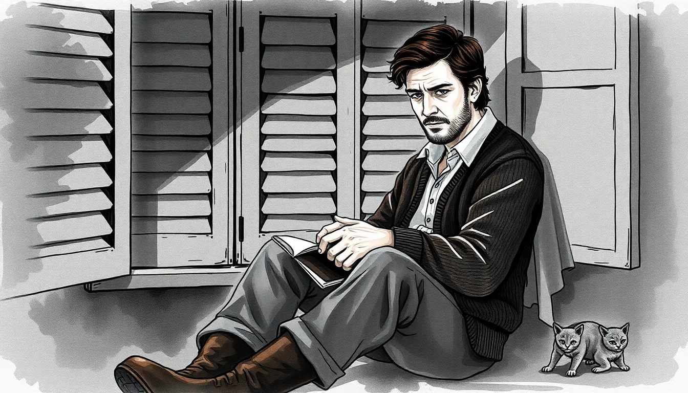 Antoine assis dans l'obscurité près d'une fenêtre close, carnet fermé sur les genoux