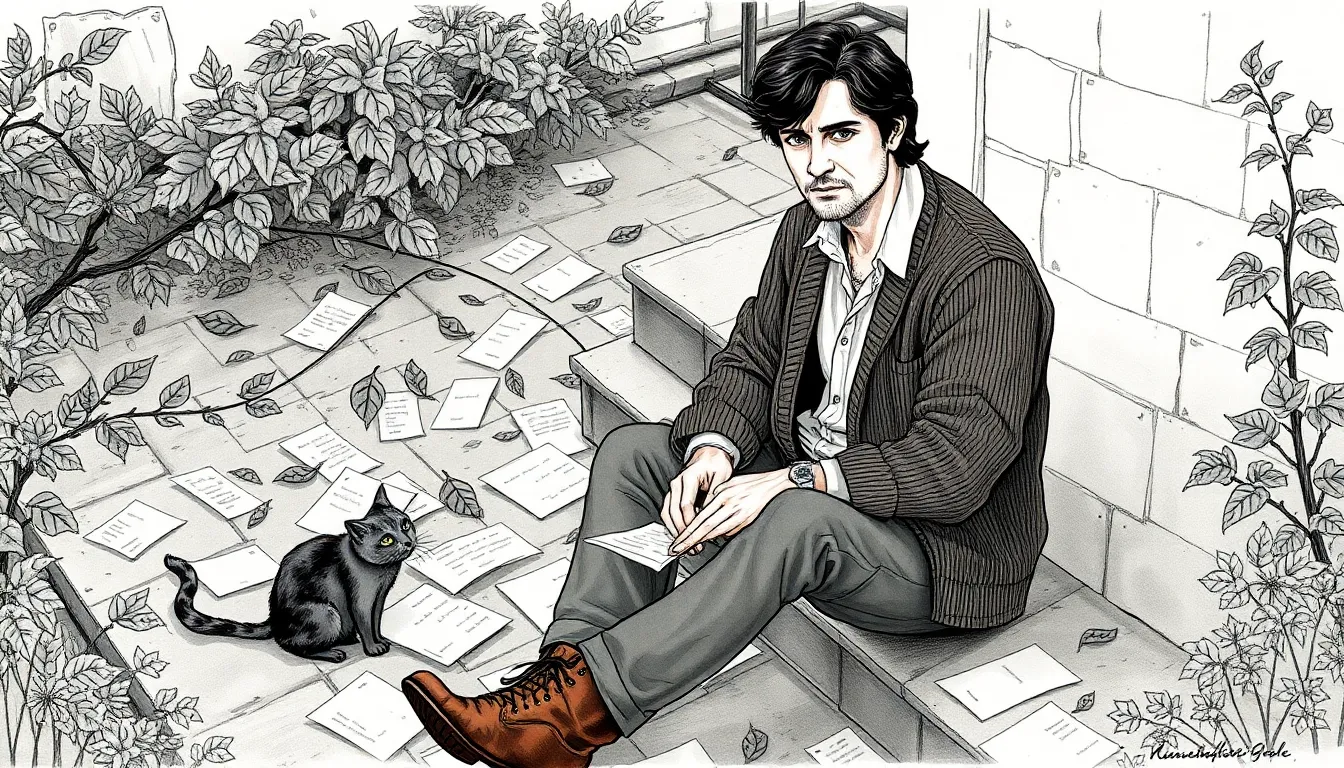 Illustration d'Antoine assis sur les marches du jardin, feuilles et parchemins autour de lui