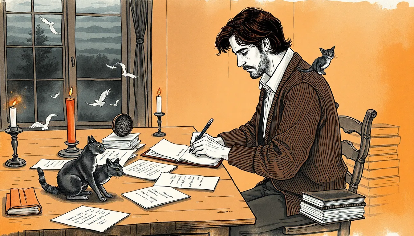 Illustration de la composition d'Antoine autour d'une table en bois, feuilles et vent