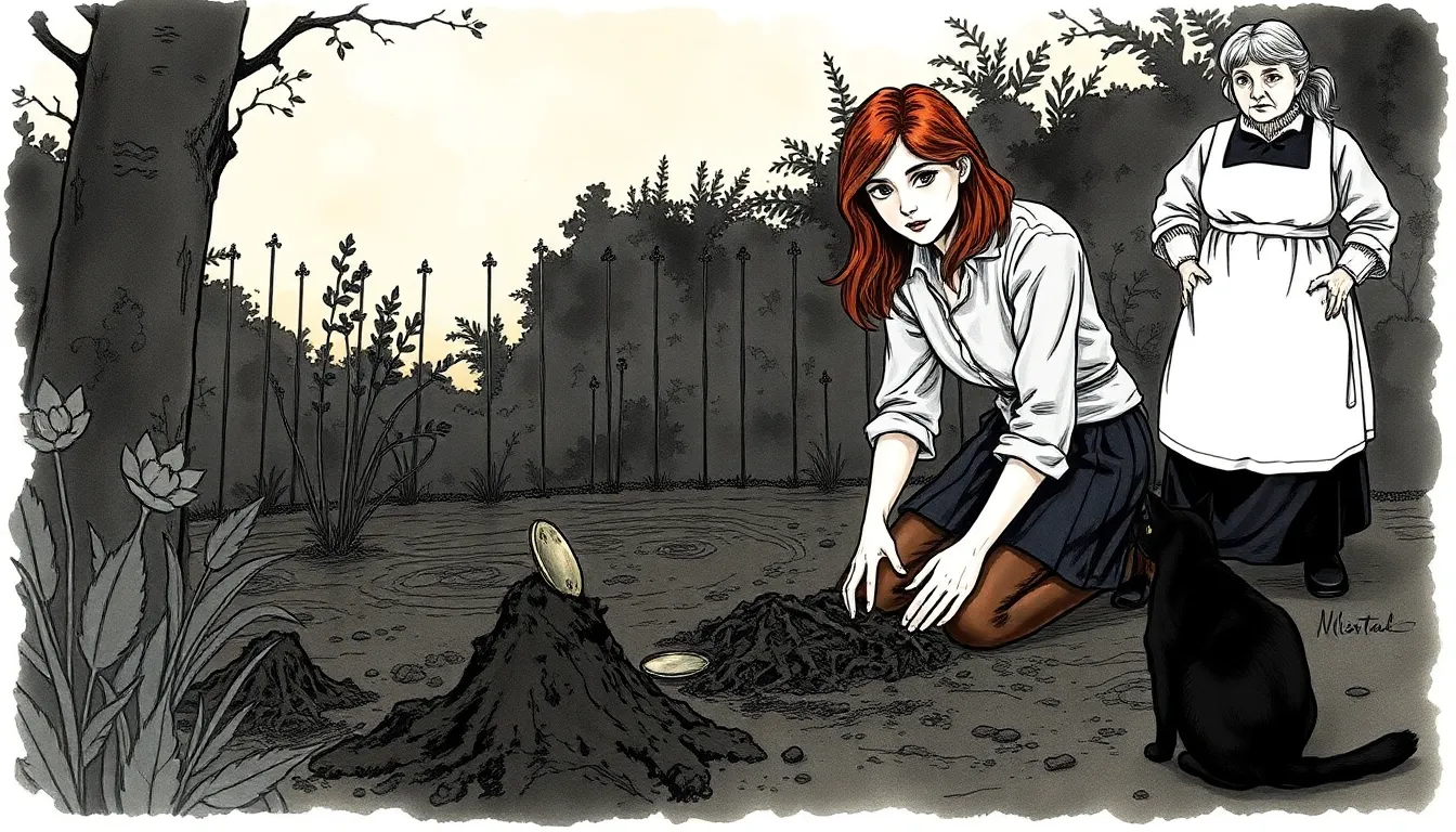 Le Jardin des Secrets : Mystère d'une héritière et son jardin caché 2 Illustration du jardin où Ariane découvre une plaque métallique à demi enfouie