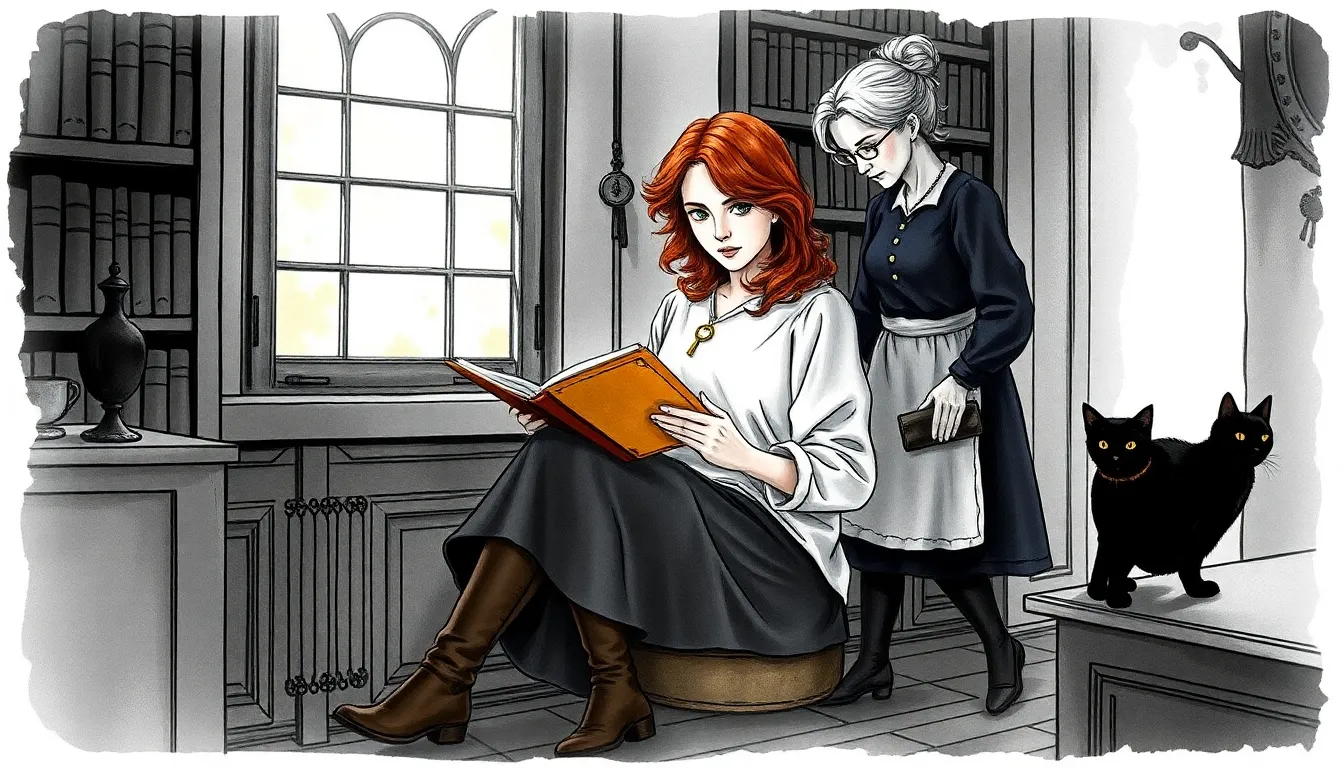 Le Jardin des Secrets : Mystère d'une héritière et son jardin caché 3 Illustration d'une femme lisant une lettre jaunie dans une bibliothèque ancienne