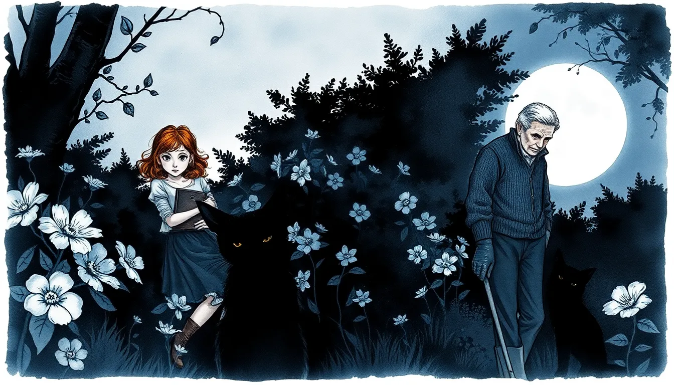 Le Jardin des Secrets : Mystère d'une héritière et son jardin caché 4 Illustration d'une femme observant un jardin au clair de lune, un vieil homme à l'ombre du tilleul