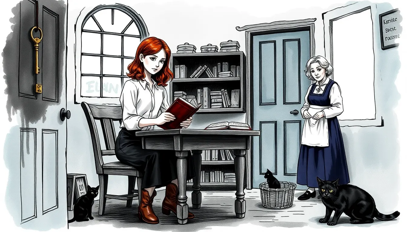 Le Jardin des Secrets : Mystère d'une héritière et son jardin caché 5 Illustration de la mairie du village et d'Ariane feuilletant des archives