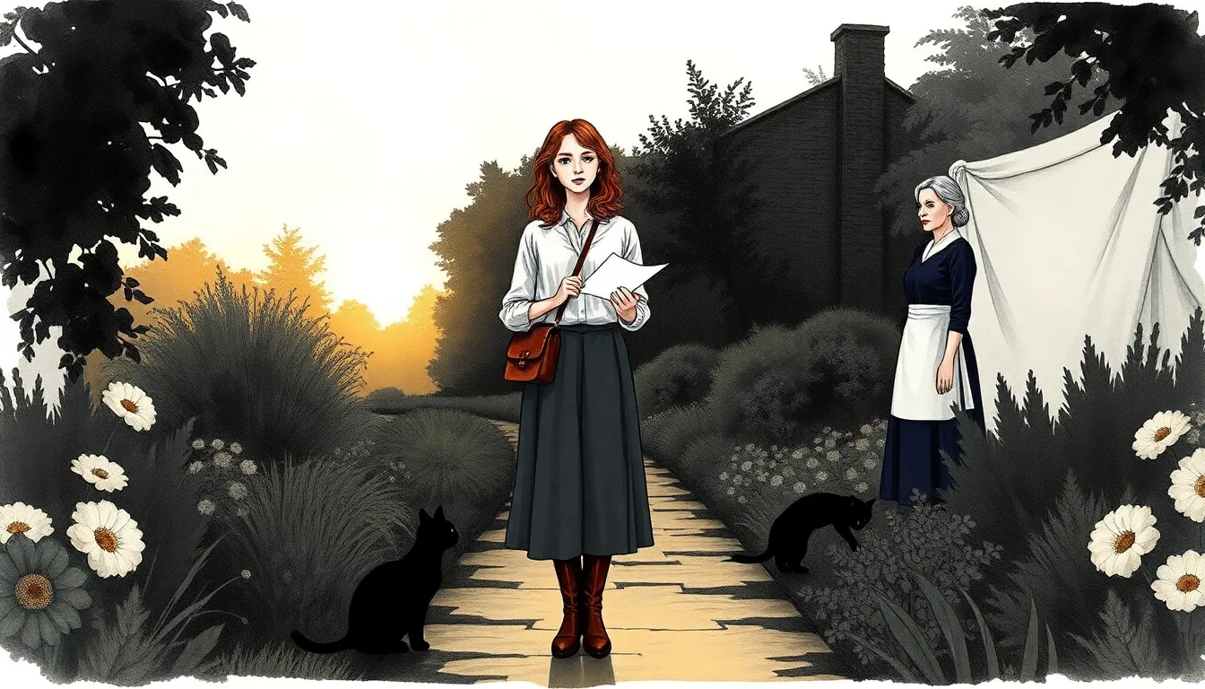 Le Jardin des Secrets : Mystère d'une héritière et son jardin caché 8 Ariane tenant une lettre dans l'allée du jardin au petit matin, décidée et pensive