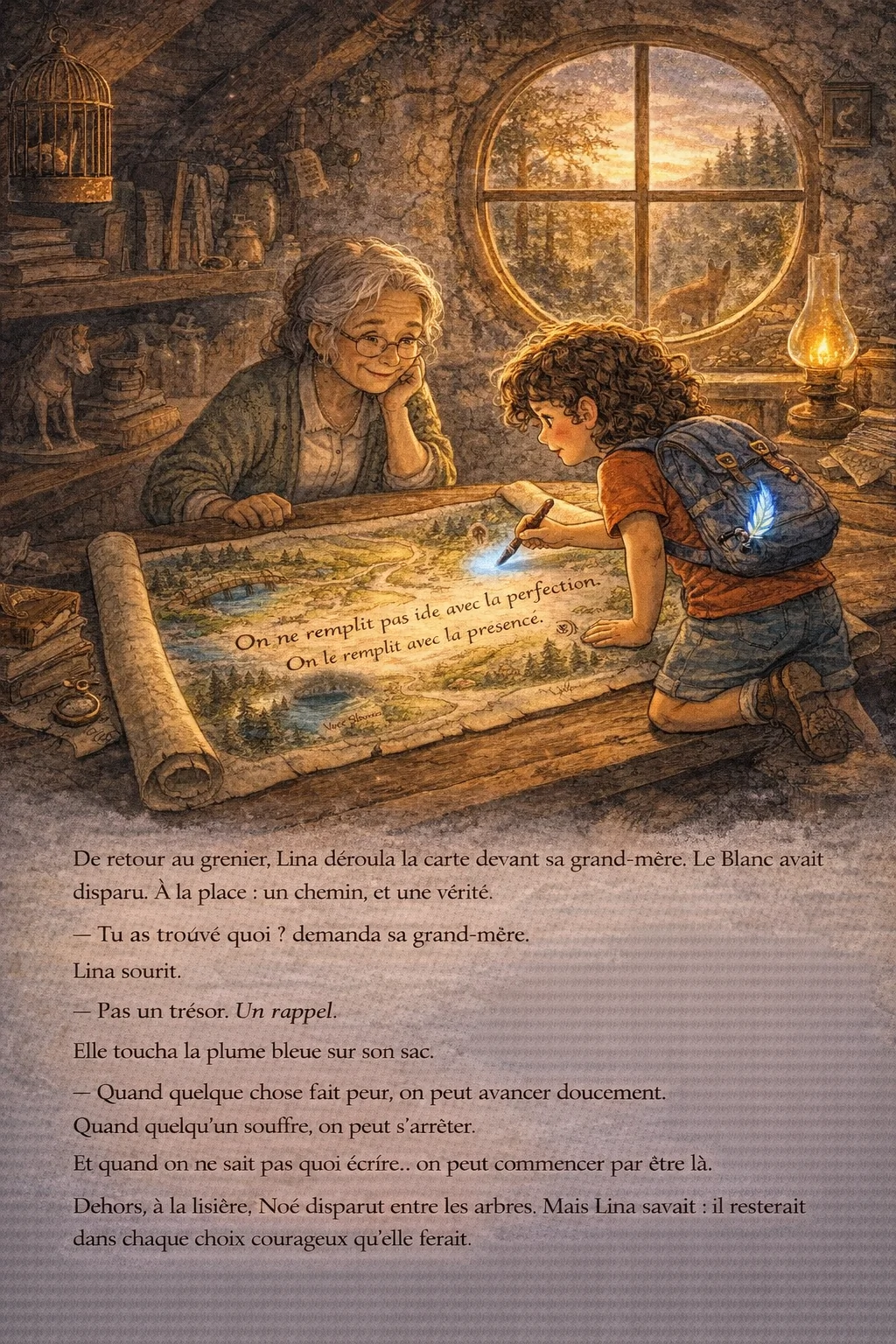 Page 10 : Grenier, Lina montre la carte à sa grand-mère, plume bleue sur le sac, renard à la lisière.