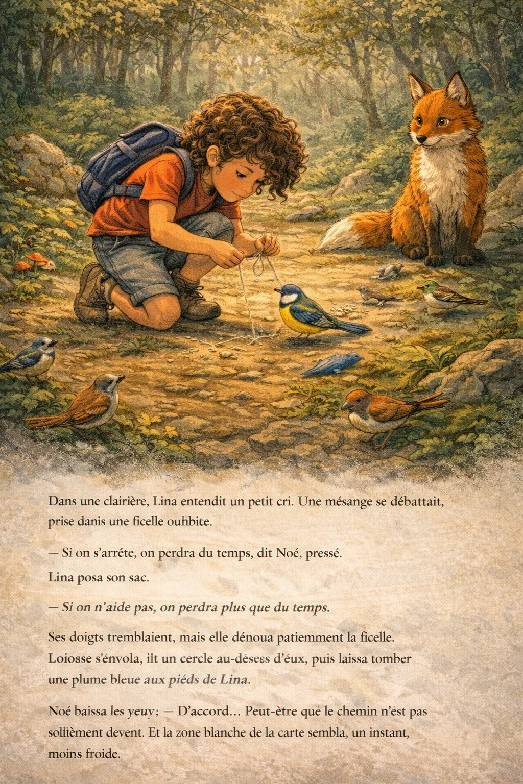 Page 4 : Lina libère une mésange prise dans une ficelle, Noé observe.