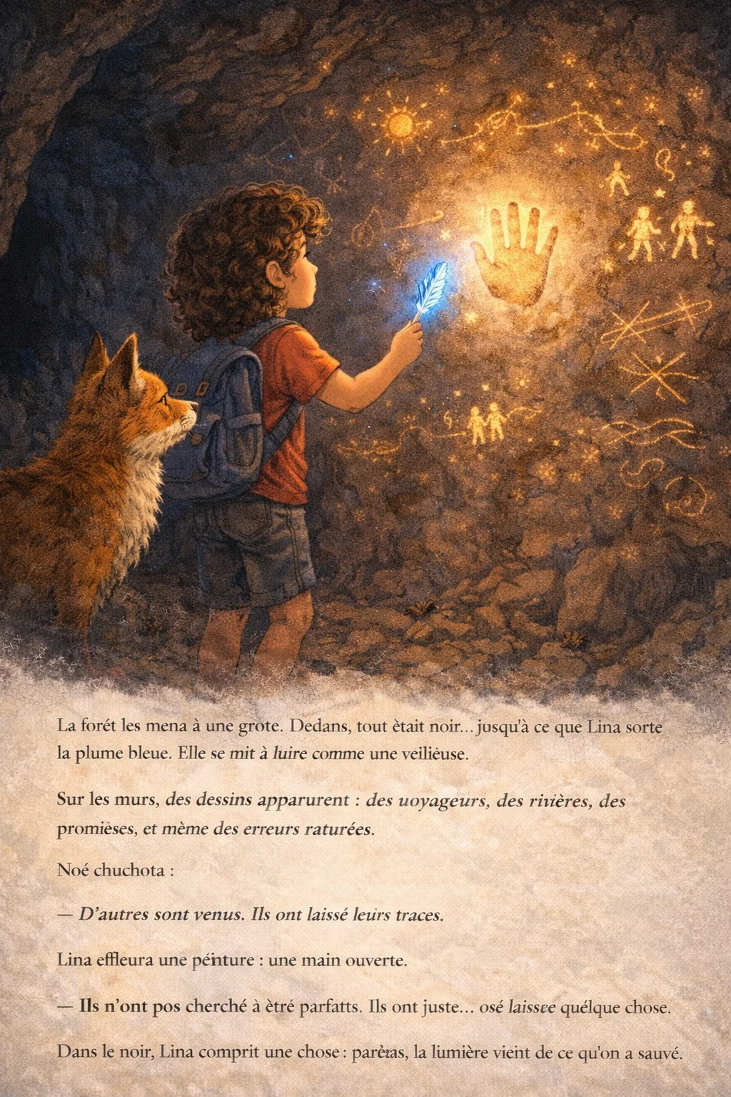 Page 5 : Grotte sombre, dessins lumineux sur la paroi, plume bleue qui éclaire la main peinte.