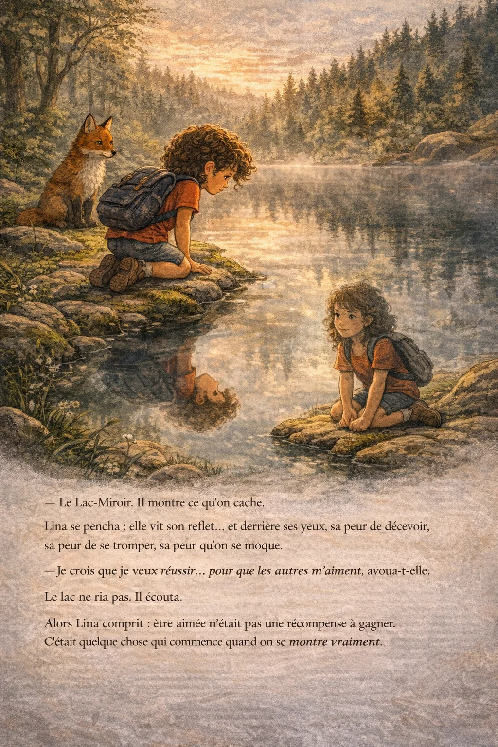 Page 6 : Lac miroir, Lina voit son reflet et une version plus sûre d’elle, Noé en arrière-plan.