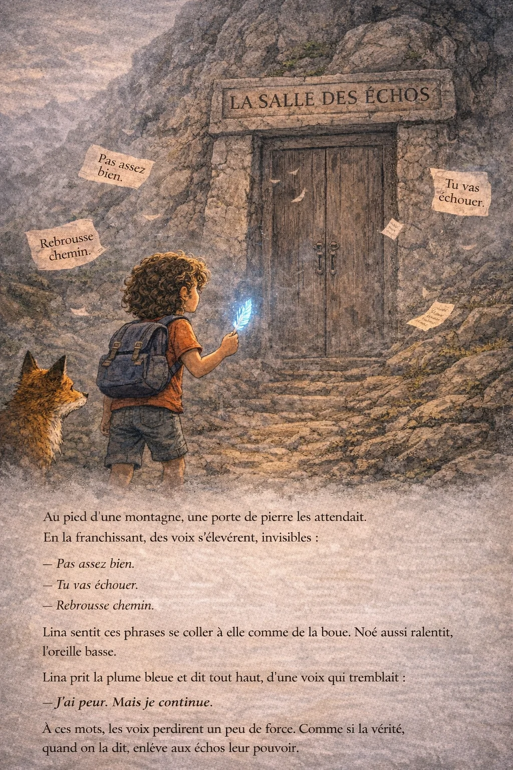 Page 7 : Porte “Salle des échos”, papiers “Pas assez bien / Tu vas échouer / Rebrousse chemin” dans la brume.