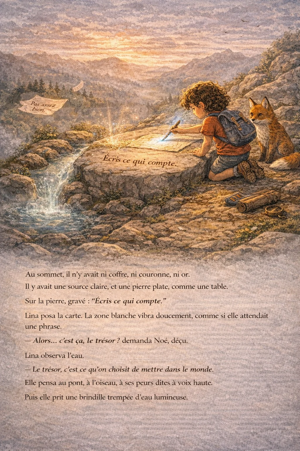 Page 8 : Sommet avec source, pierre gravée “Écris ce qui compte”, Lina tient une brindille lumineuse.