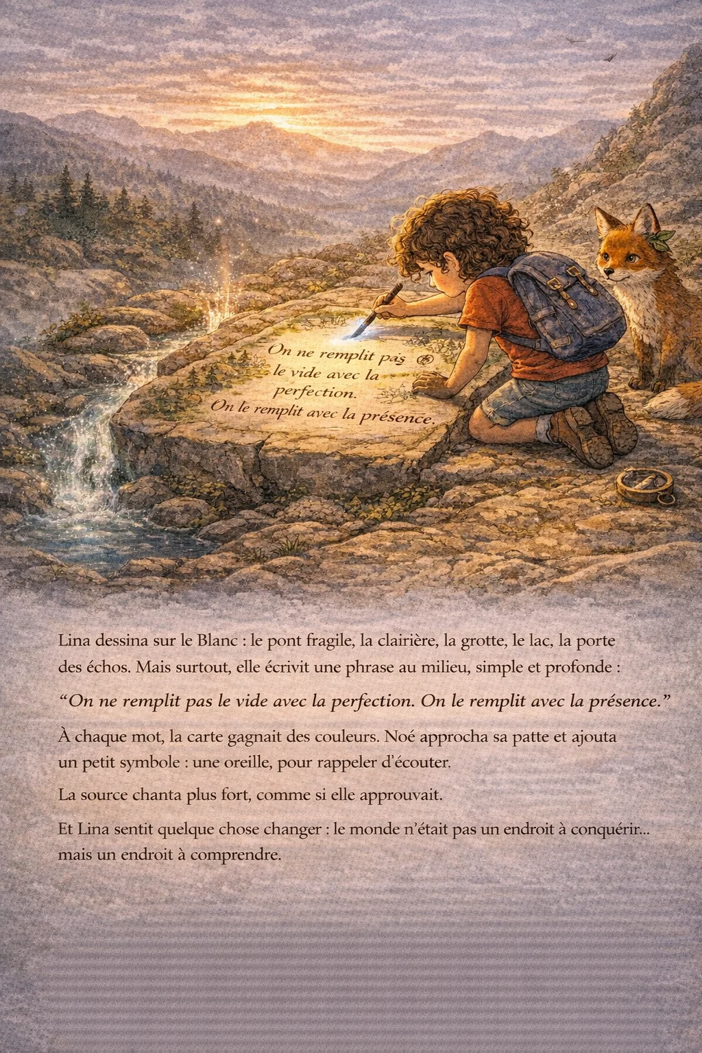 Page 9 : Lina écrit la phrase sur la carte, couleurs qui apparaissent, Noé ajoute un symbole d’oreille.