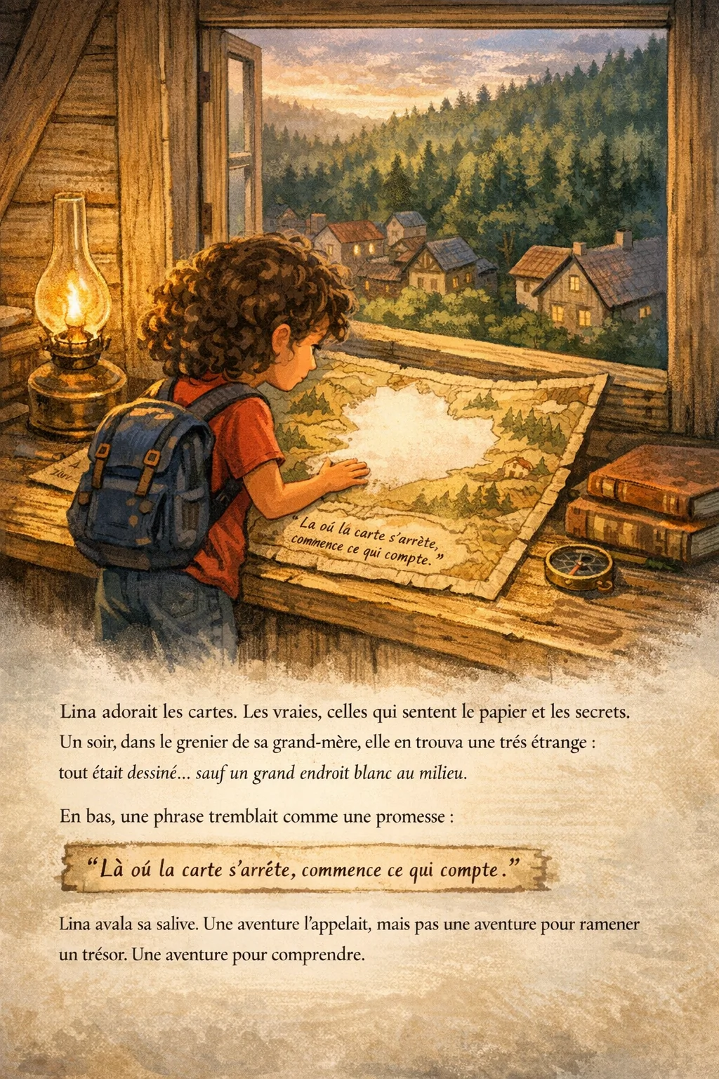 Page 1 : Lina dans le grenier, une carte avec une grande zone blanche, village et forêt au loin.