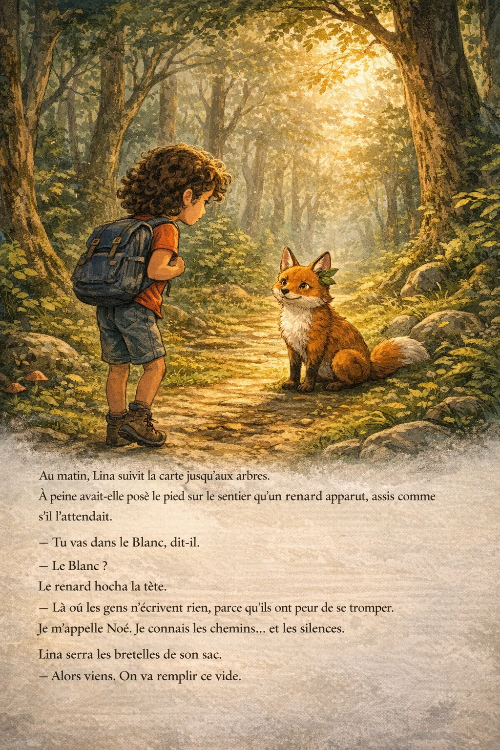 Page 2 : Lina rencontre Noé le renard au bord de la forêt, lumière dorée sur le sentier.