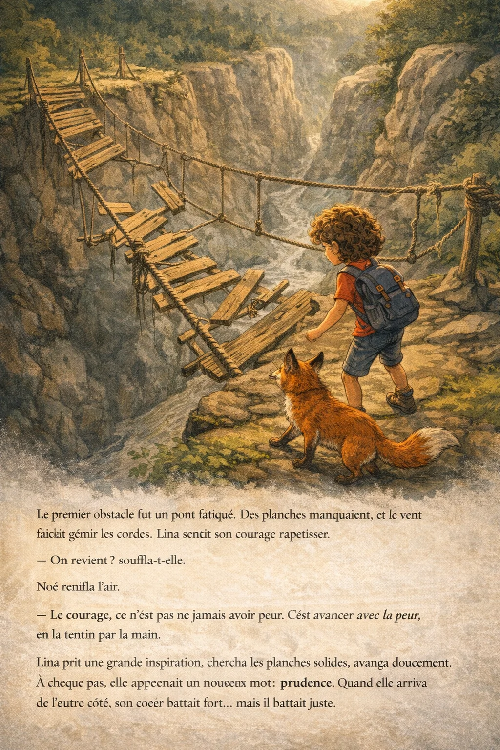 Page 3 : Pont suspendu abîmé au-dessus d’un ravin, Lina hésite, Noé l’encourage.