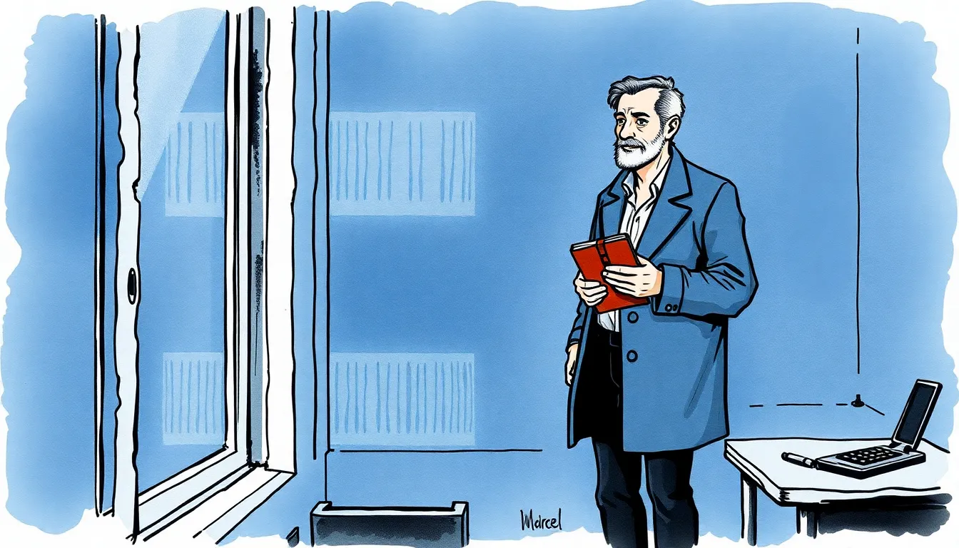 Antoine Morel, debout près de la fenêtre, tenant un carnet froissé